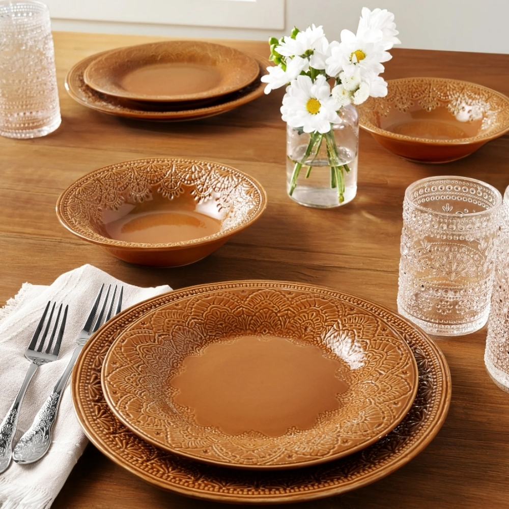 💕 New 2025 The Pioneer Woman Caramel Vintage Lace Embossed Dinnerware Se